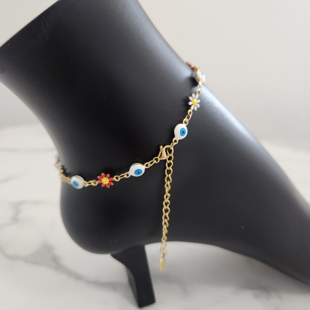 Multi Color Stainless Steel Floral Evil Eye Charm Anklet Summer Accesories - Picture 8 of 16